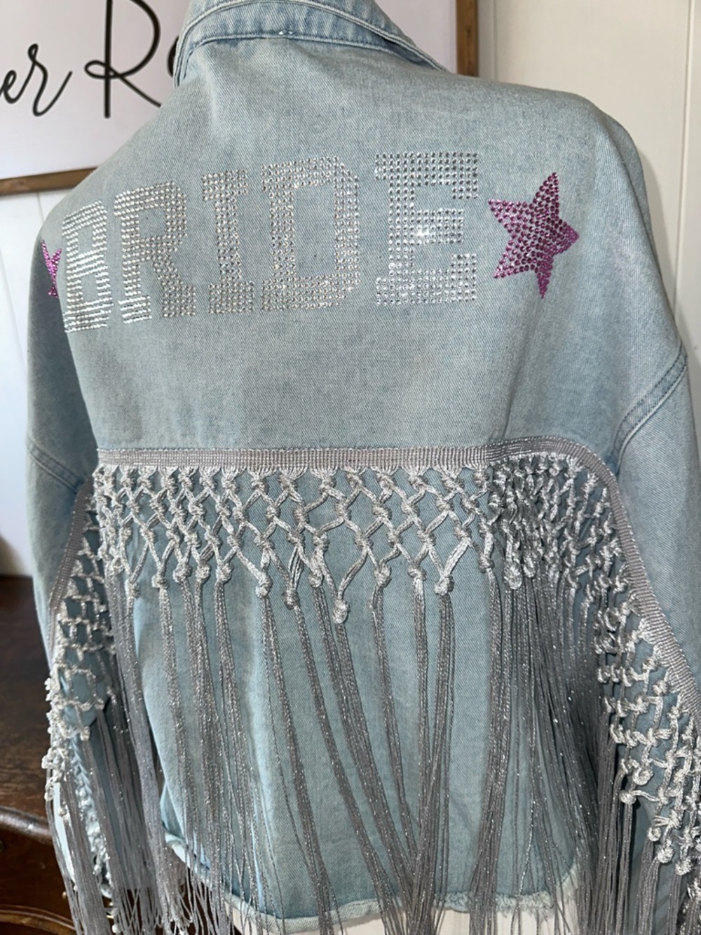 Rhinestone 'BRIDE' Fringe Denim Jacket - Light Blue with Pink Stars